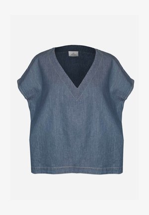 Denim V-neck top with short sleeves, featuring a loose fit and contrasting yellow stitching along the neckline and hem.
