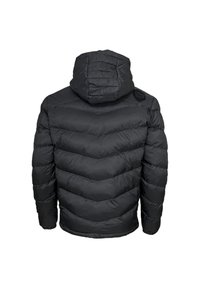 Svart puffjacka med huva, i en chevron-quiltad mönster och en slät, glänsande yta. Inkluderar en logotypdetalj på axeln.