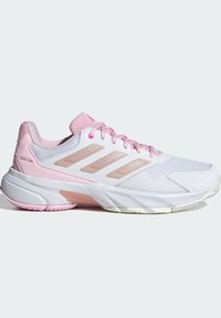 White athletic shoe with pink accents; mesh upper, three side stripes, cushioned midsole, and textured outsole for grip.