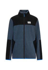 Fleecejack met volledige rits aan de voorkant, kleurgeblokkeerd in donkerblauw en zwart, met een logo patch en blauwe accenten op de mouwen en zoom.