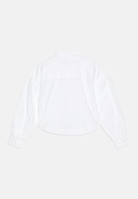 Camicia bianca a maniche lunghe con colletto classico, polsini abbottonati e orlo arrotondato. Tessuto liscio con una texture semplice; vista posteriore mostrata.