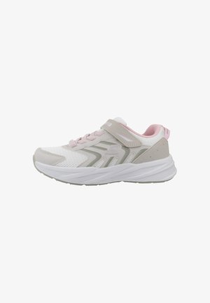 Zapatilla deportiva gris claro y rosa con parte superior de malla, cierre ajustable de velcro y suela blanca acolchada, vista lateral.