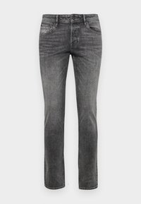 Grijze denim jeans met een rechte snit, vijf zakken en subtiele vervaging. Voorzien van een klassieke knoop- en ritssluiting.