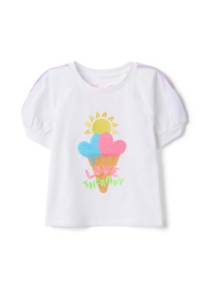 Wit korte mouwen peutershirt met geplooide schouders, met een geborduurd ijsje met hart en zon, en de tekst "Love Therapy".