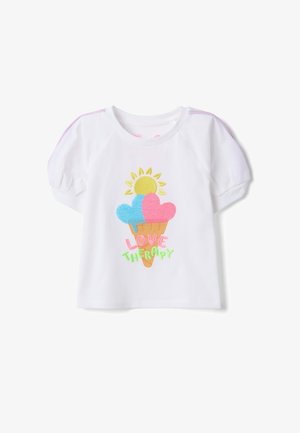 Weißes T-Shirt mit kurzen Ärmeln für Kleinkinder, mit aufgepufften Schultern, bestickt mit einem Eistüten-Motiv mit Herz und Sonne sowie dem Schriftzug "Love Therapy".