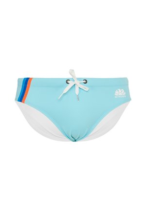 Slip da bagno uomo azzurro chiaro con fodera interna bianca, coulisse bianca, tre strisce a sinistra e logo Sundek bianco a destra.