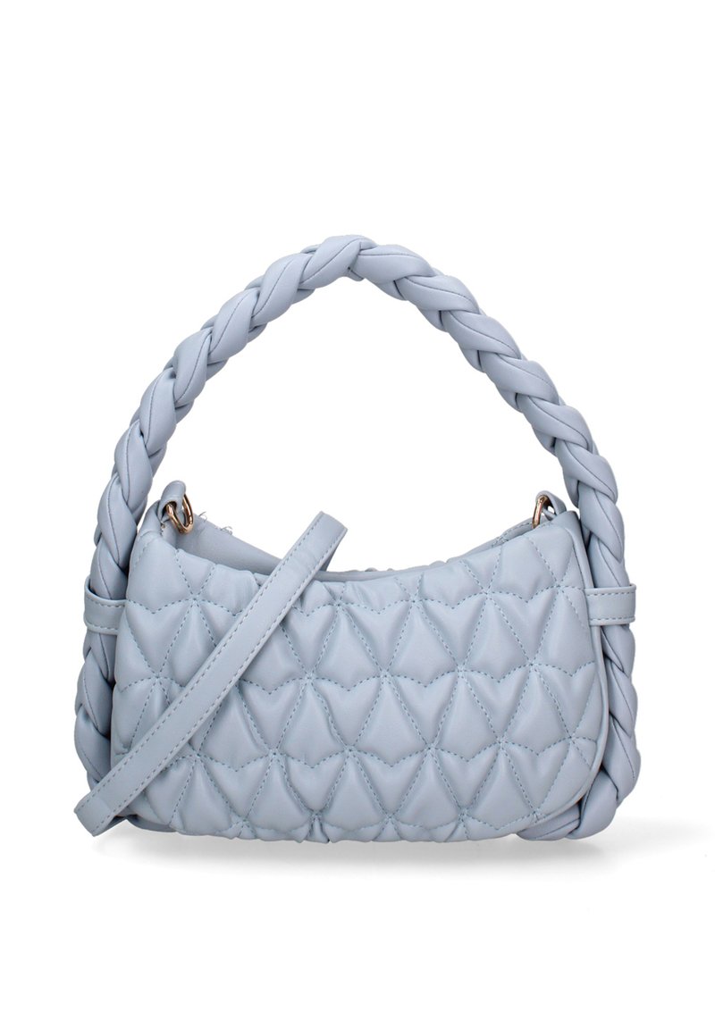 Lichtblauwe, doorgestikte handtas met een gevlochten handvat, ritsclosure en een verstelbare schouderband. Zachte textuur met een ruitpatroon.