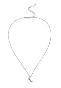 Collar de cadena de plata con un colgante de luna creciente. La cadena tiene un diseño delicado y longitud ajustable.