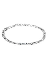Pulsera de cadena de plata con eslabones planos entrelazados y un cierre rectangular grabado con "BREIL" sobre un fondo blanco.