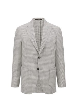Gray and white houndstooth patterned blazer with two front pockets, notch lapels, and a single button closure. Textured fabric, tailored design.
