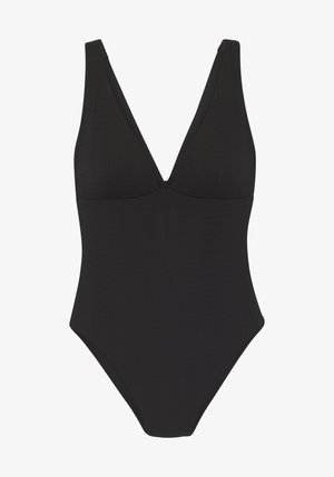 Črn enodelni kopalke z globokim V-izrezom, rebrastim videzom, širokimi naramnicami in visokimi izrezi na stegnu.