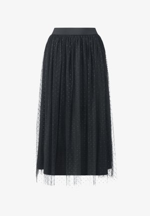 Schwarzer Tüllrock mit einem körpernahen Taillenbund, der ein gepunktetes Muster und eine mehrlagige Textur aufweist. Entworfen für eine voluminöse Silhouette.