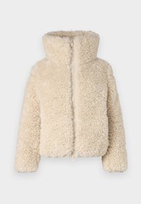 Helles cremefarbene, flauschige Fleecejacke mit hohem Kragen und Reißverschluss vorne. Verfügt über lange Ärmel und eine kastige Silhouette.