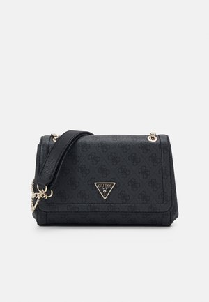 Black synthetic handbag with gold-tone hardware, featuring a triangle logo and subtle embossed pattern. Includes a detachable chain strap.