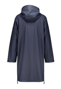 Navy waterproof raincoat with a hood, long sleeves, snap button cuffs, and adjustable drawstring hem for a customizable fit.