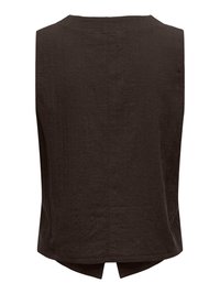 Veste sans manches marron foncé avec un tissu texturé et une légère découpe en V au centre du bas du dos.