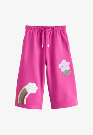 Felroze kinderkorte broekjes met elastische taille, met een glimlachende wolk met regenboog en een vrolijke paarse bloem met groene blaadjes.