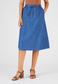 Falda midi de mezclilla con cintura ajustable, en un azul claro sólido. Textura suave, silueta en forma de A, cuenta con bolsillos laterales.