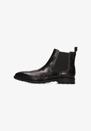 Black leather ankle boots with textured finish, elastic side panels, pointed toe, perforated accents, and flat rubber sole.