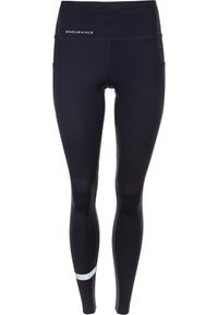 Leggings de sport noirs avec une taille haute, fabriqués en tissu extensible. Dotés d'une bande réfléchissante blanche près de la cheville et d'un logo sur la taille.