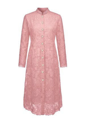 Pink blonde kjole med lange ærmer med blomstermønster, høj krave og forreste række af dekorative perleknapper, knælængde med bølget kant.