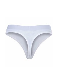 Tanga bianco in cotone con una larga fascia elastica in vita. Presenta una texture liscia e un design minimalista senza motivi o componenti aggiuntivi.