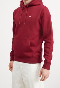 Sudadera marrón hecha de un tejido suave, con un bolsillo frontal, capucha con cordón y un pequeño logo en el pecho. Disponible con puños de canalé.