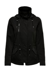 Czarna kurtka z wysokim kołnierzem, zapięciem na zamek, regulowanym w pasie, bocznymi kieszeniami i gładką fakturą.