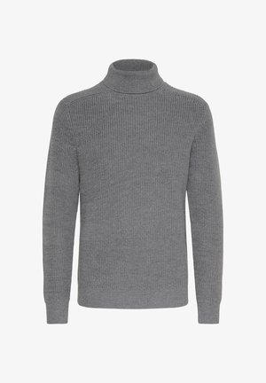 Grijs gebreid coltrui met lange mouwen en geribde manchetten, met een textuurpatroon op een effen achtergrond.