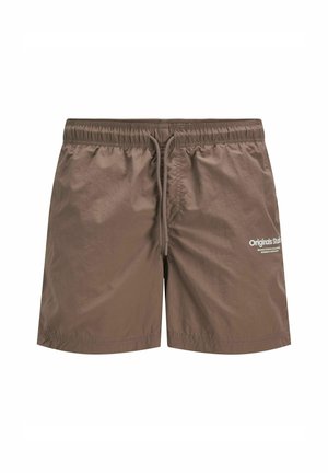 Pruunid ujumispüksid, mis on valmistatud kergest kangast, omavad elastset taljeosa, paelköit, ning ees on väike logo.