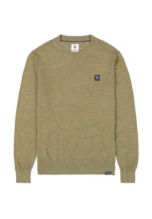 Olive green knit sweater with a crew neckline, ribbed cuffs and hem, and a small blue logo patch on the left chest. Soft, textured fabric.