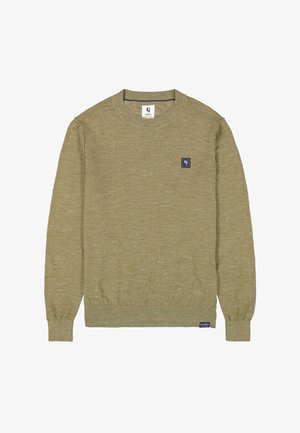 Olive green knit sweater with a crew neckline, ribbed cuffs and hem, and a small blue logo patch on the left chest. Soft, textured fabric.