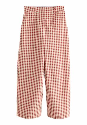 Wide-leg trousers in a red and cream gingham pattern, made of cotton fabric with a textured finish and a high waist.