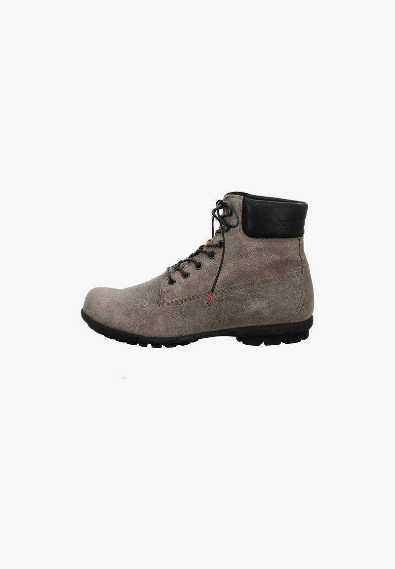 Grau Wildleder-Ankle Boots mit einem schwarzen Lederkragen. Sie verfügen über ein Schnürdesign und eine strukturierte Gummisohle mit einem leichten Profil.