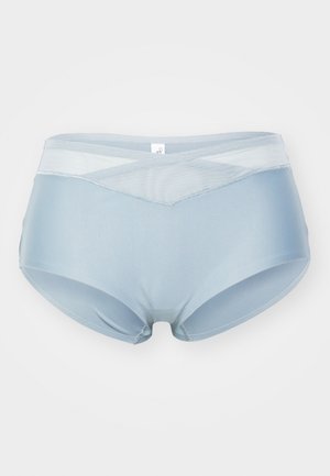 Hellblaue Hipster-Unterwäsche aus glattem Stoff, mit einem halbtransparenten Bund vorne, der ein Chevron-Muster aufweist.