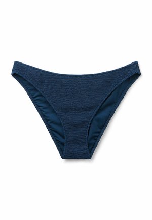 Marineblauer, strukturierter Bikinihose mit hohem Beinausschnitt und elastischem Bund vor weißem Hintergrund.