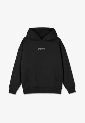 Black hoodie with a front pouch pocket, ribbed cuffs, and hem. Features a white "pegador" logo on the chest. Made from soft fabric.