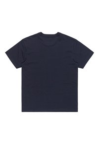 Camiseta de algodón azul marino con mangas cortas, cuello redondo y una textura suave. La parte trasera es lisa, sin patrones ni gráficos.
