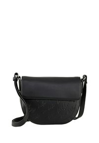 Borsa a tracolla nera in pelle liscia con fondo arrotondato. Presenta una chiusura a pattina e un dettaglio del logo impresso sulla parte anteriore.