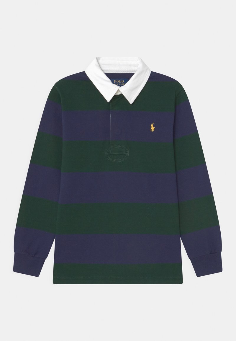 Langsleeve polo shirt in donkergroen en paarse strepen, met een witte kraag en een klein geel logo op de borst. Stoffering lijkt gestructureerd.