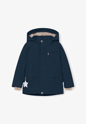 Tamsiai mėlynas šiltas džemperis su gobtuvu, turintis smėlio spalvos pamušalą, dvi priekines kišenes, krūtinės kišenę ir žvaigždės formos etikėtę.