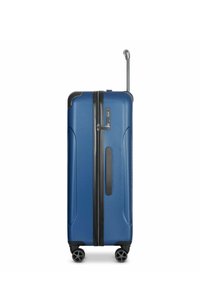 Valigia rigida blu con zip nera, maniglia laterale e trolley estraibile. Presenta quattro ruote girevoli per una facile manovrabilità.