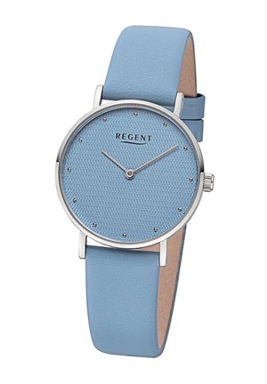 Blue leather strap watch with a textured light blue dial, silver hour markers, and a small crown. Brand name "REGENT" displayed.