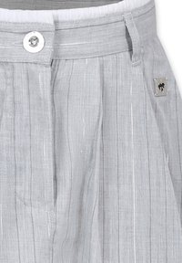Pantalons en lin gris clair avec des rayures verticales, une fermeture à bouton et un panneau d'accent avec une étiquette logo. Texture lisse avec une coupe décontractée.