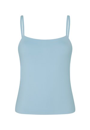 Hellblaues Damen-Camisole-Top mit dünnen Schulterträgern und geradem Ausschnitt auf weißem Hintergrund.