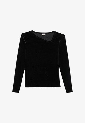 Zwarte fluwelen top met lange mouwen en een V-hals ontwerp, met een gladde textuur en subtiele glans, met fitted mouwen en een rechte zoom.