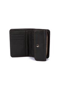 Portafoglio in pelle nera con chiusura a scatto, otto scomparti per carte, una tasca con zip e dettagli di cucitura a contrasto. Interno testurizzato.