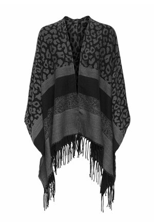 Sötétszürke és fekete mintás nyitott elülső poncsó leopárdmintával, vízszintes csíkokkal és rojtos szegéllyel.