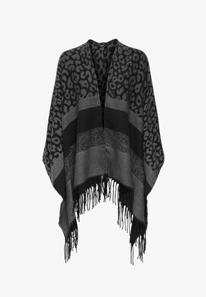 Poncho à ouverture devant, gris foncé et noir, décoré d'un motif léopard, de rayures horizontales et d'un ourlet à franges.