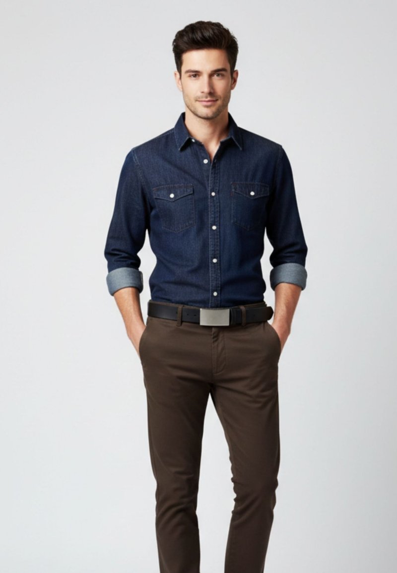 Dark denim button-up shirt with two chest pockets, rolled sleeves, paired with brown fitted trousers and a black belt featuring a silver buckle.